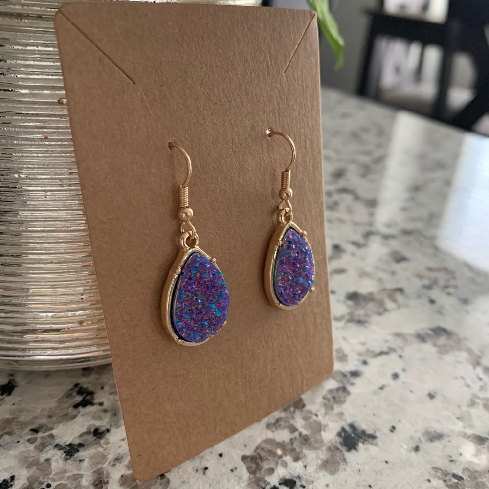 Purple Druzy Tear Drop Dangle Earrings - Picture 4 of 6